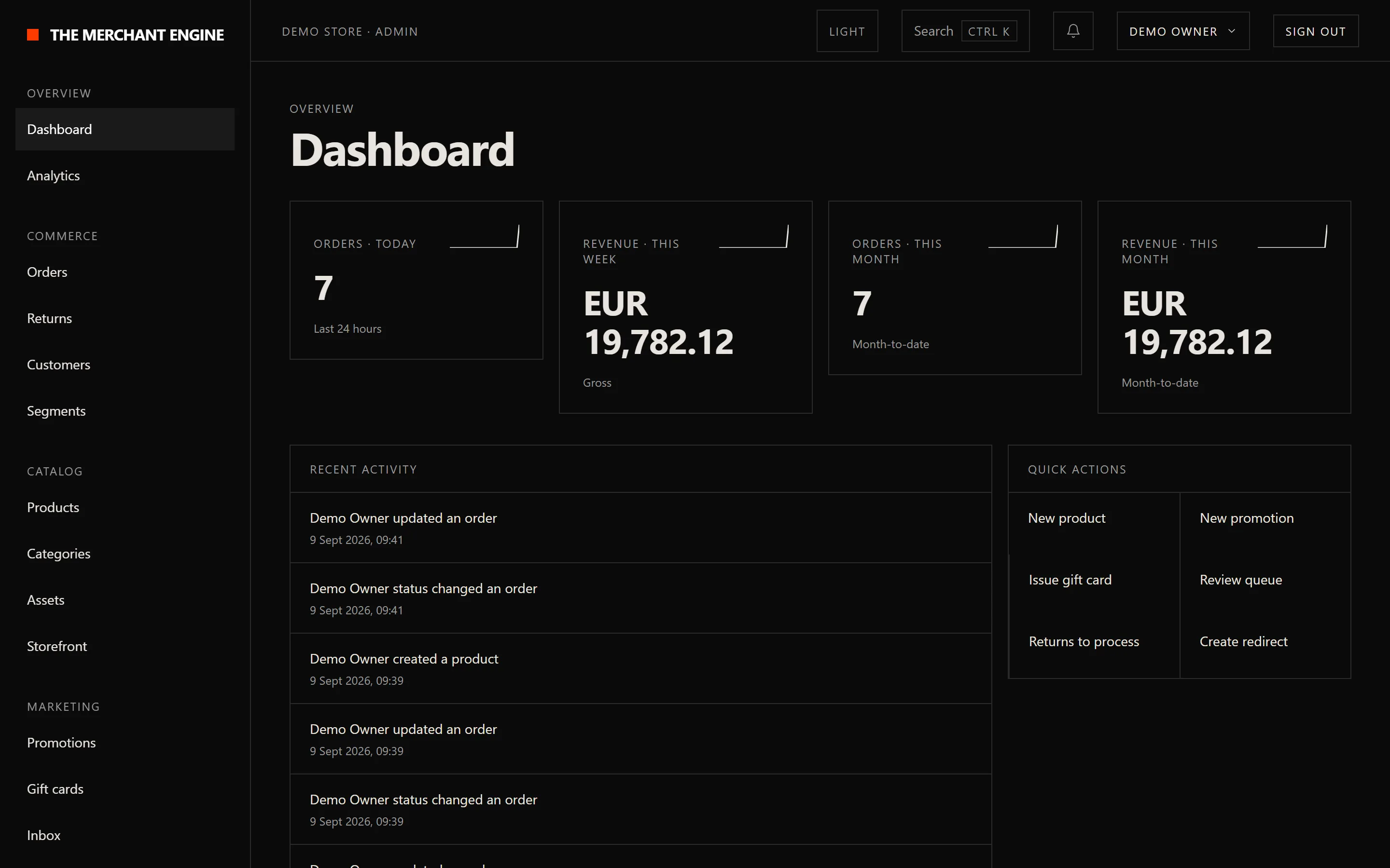 Admin dashboard, in dark or light mode to match the reader's own scheme: revenue and orders tiles with sparklines, a recent activity feed and quick actions.
