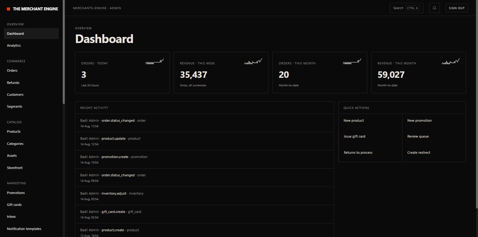 The Merchant Engine admin dashboard: orders and revenue KPI cards with sparklines, a recent activity feed, and quick actions, in a dark interface.