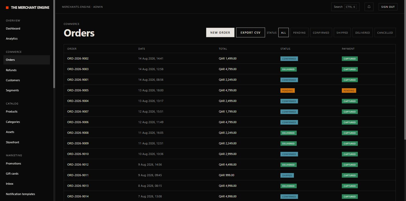 The Merchant Engine admin orders screen: order list with totals, status badges, payment states, CSV export, and status filters.