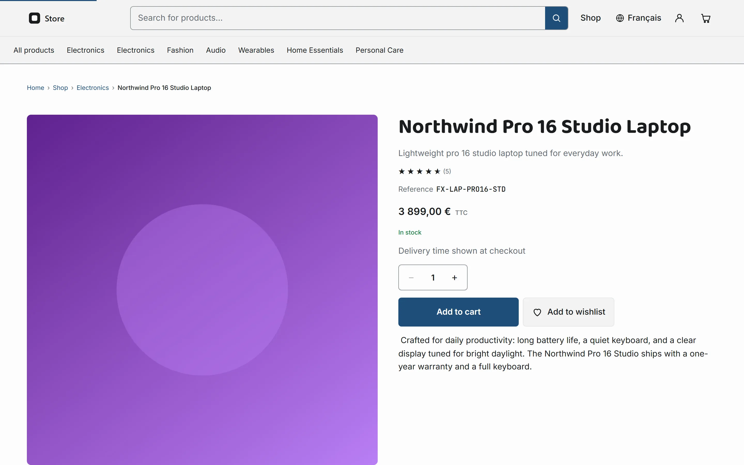 Storefront product page in English: gallery, name, rating, reference, a price in euros with the tax mention, stock state, quantity, add to cart and wishlist buttons.